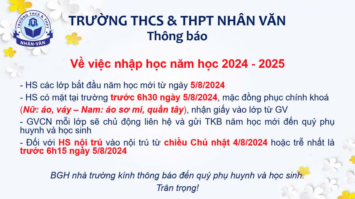 THÔNG BÁO NHẬP HỌC 2024 - 2025